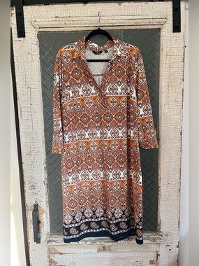 Women's Printed Long Sleeve Tunic Dress - Orange & Brown